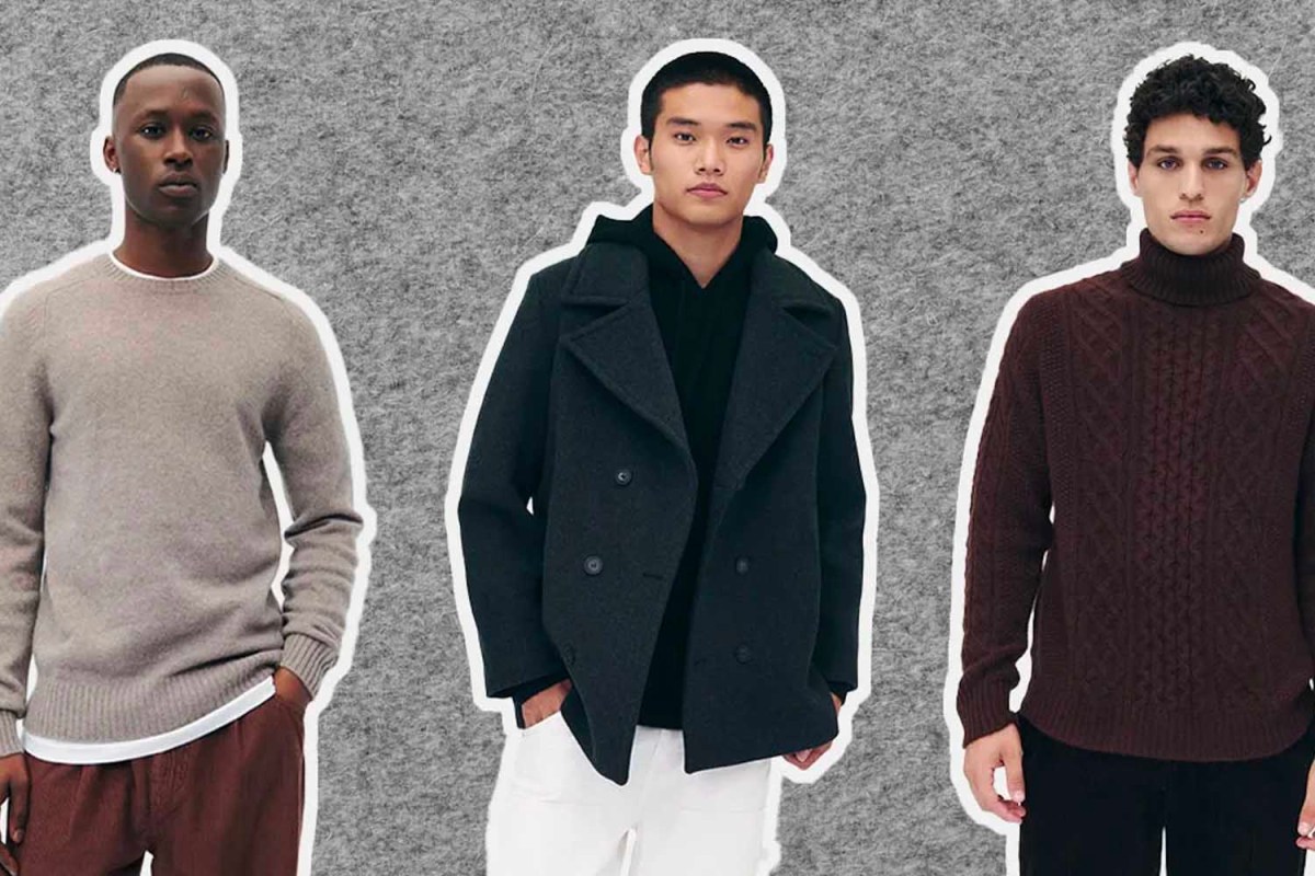 a collage of models wearing Naadam clothing on a felted grey background
