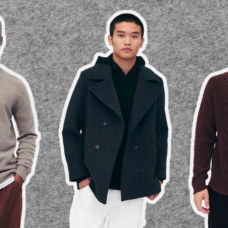 a collage of models wearing Naadam clothing on a felted grey background
