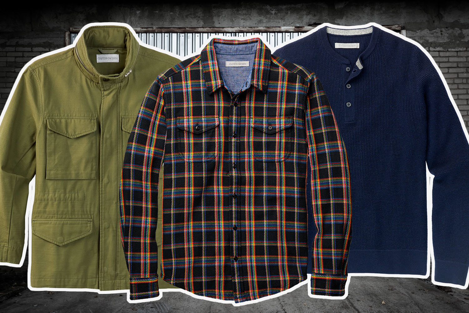 a collage of items from the outerknown warehouse sale on a warehouse background