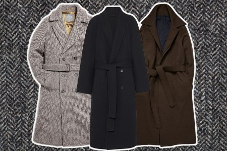 A collage of oversized coats on a herringbone background