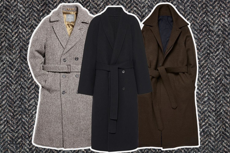 A collage of oversized coats on a herringbone background