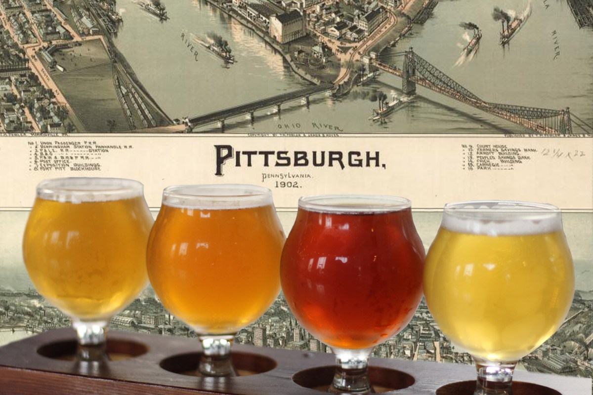 A map of Pittsburgh, Pennsylvania behind a lineup of local beers. Here are the 11 best breweries in the city.