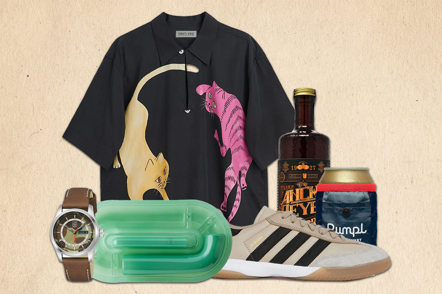 a collage of products of the week on a tan background