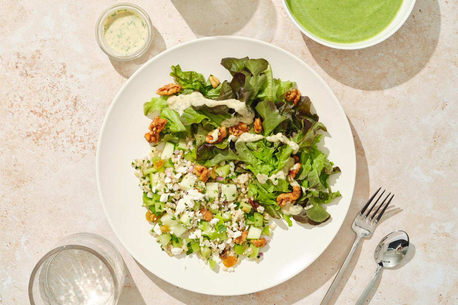 An overhead shot of healthy food on a table.