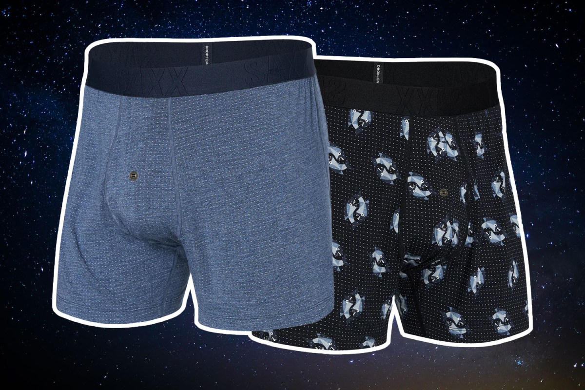 a collage of Saxx Droptemp underwear on a stary background