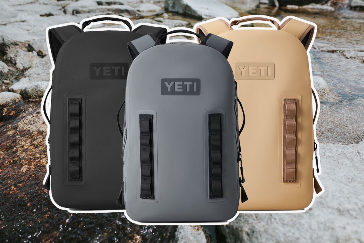 a collage of Yeti panga backpacks on a stoney stream background