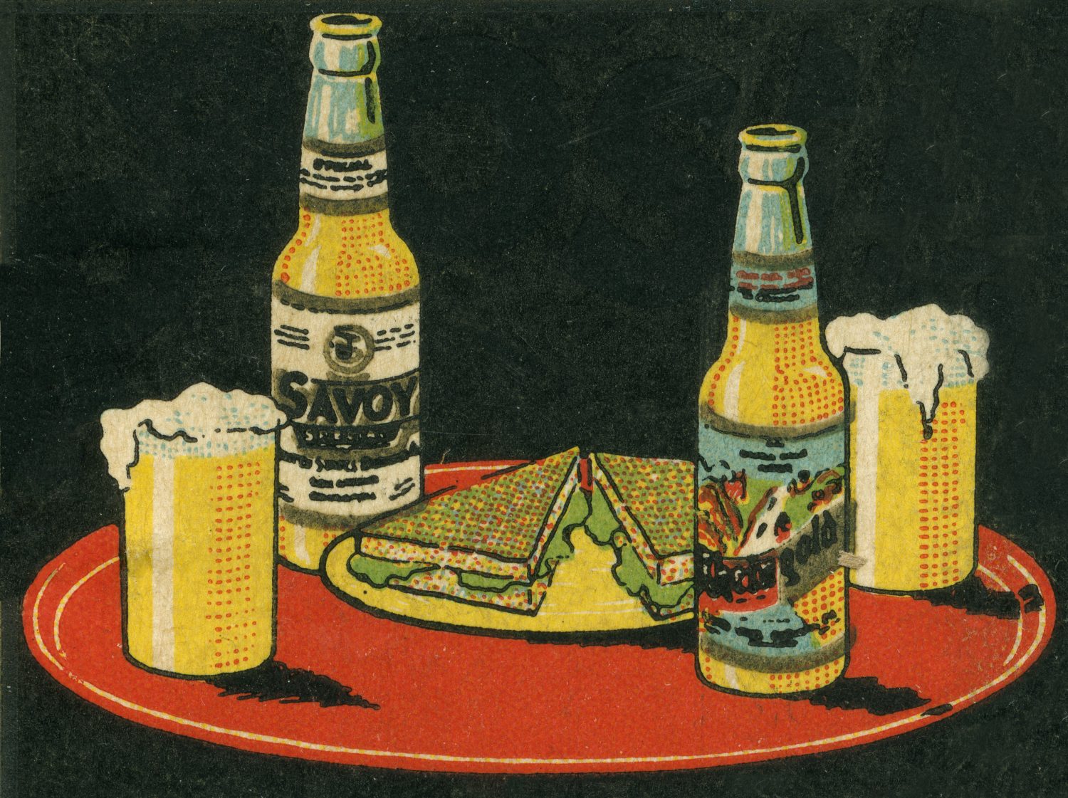 A graphic of beer and sandwiches on a red table.