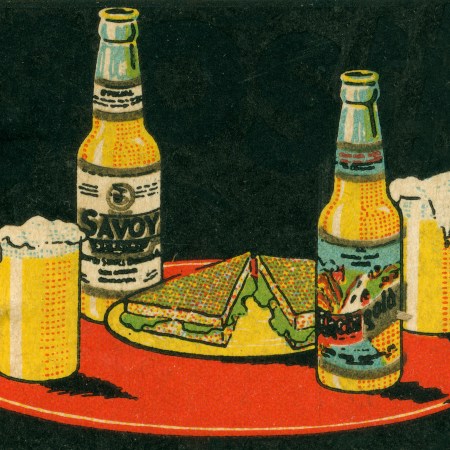 A graphic of beer and sandwiches on a red table.