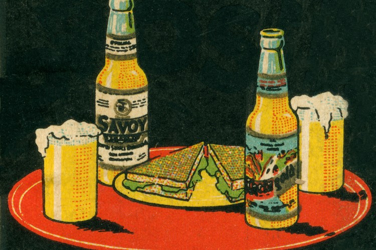 A graphic of beer and sandwiches on a red table.