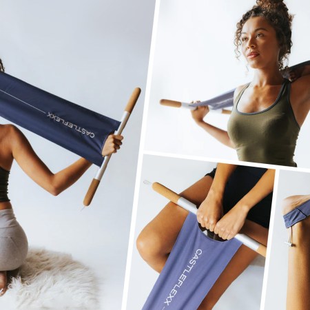 Four images stitched together of a woman using stretching equipment.