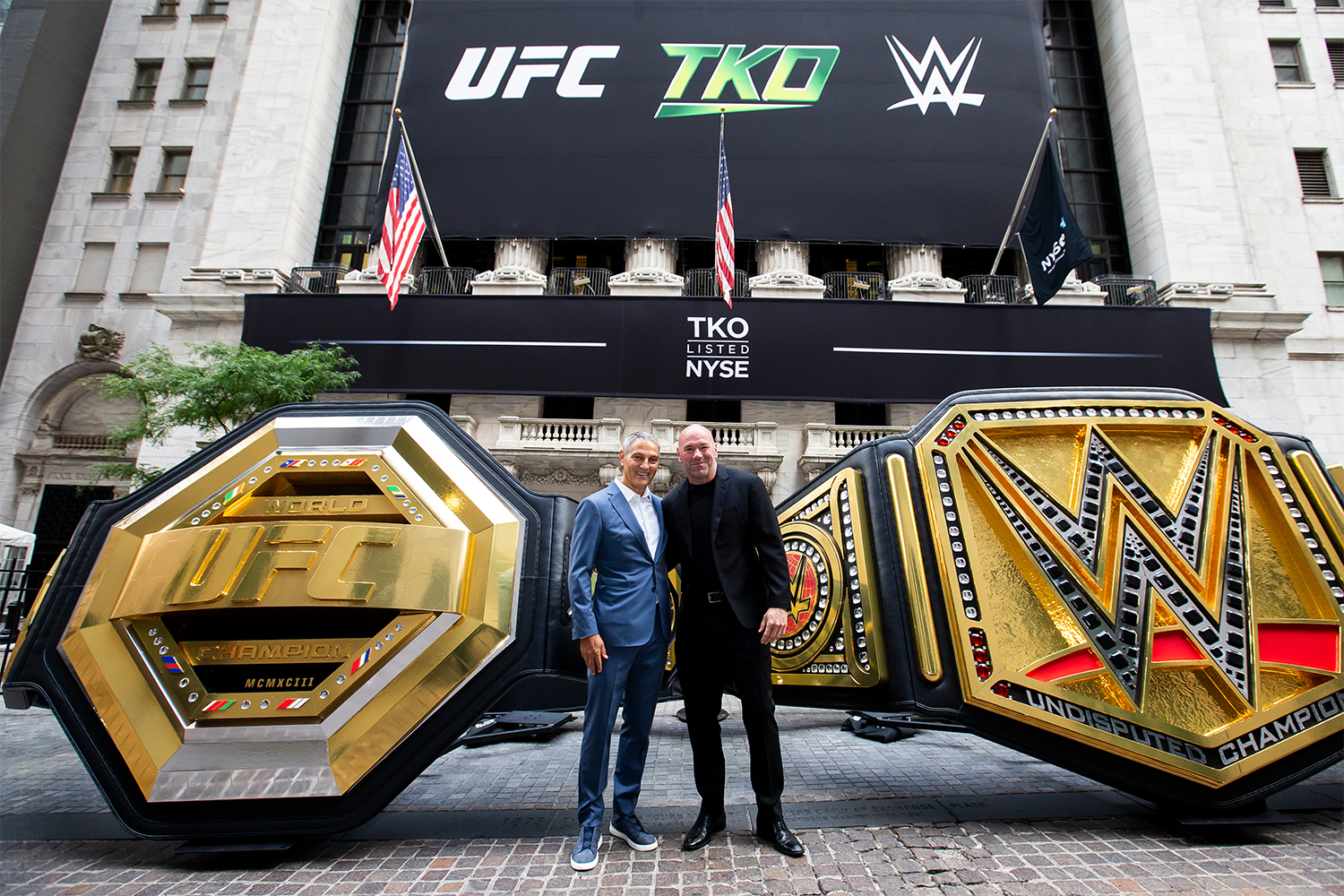 Dana White [right] and Ari Emanuel, CEO of TKO and Endeavor, outside the New York Stock Exchange for the TKO listing on September 12, 2023.