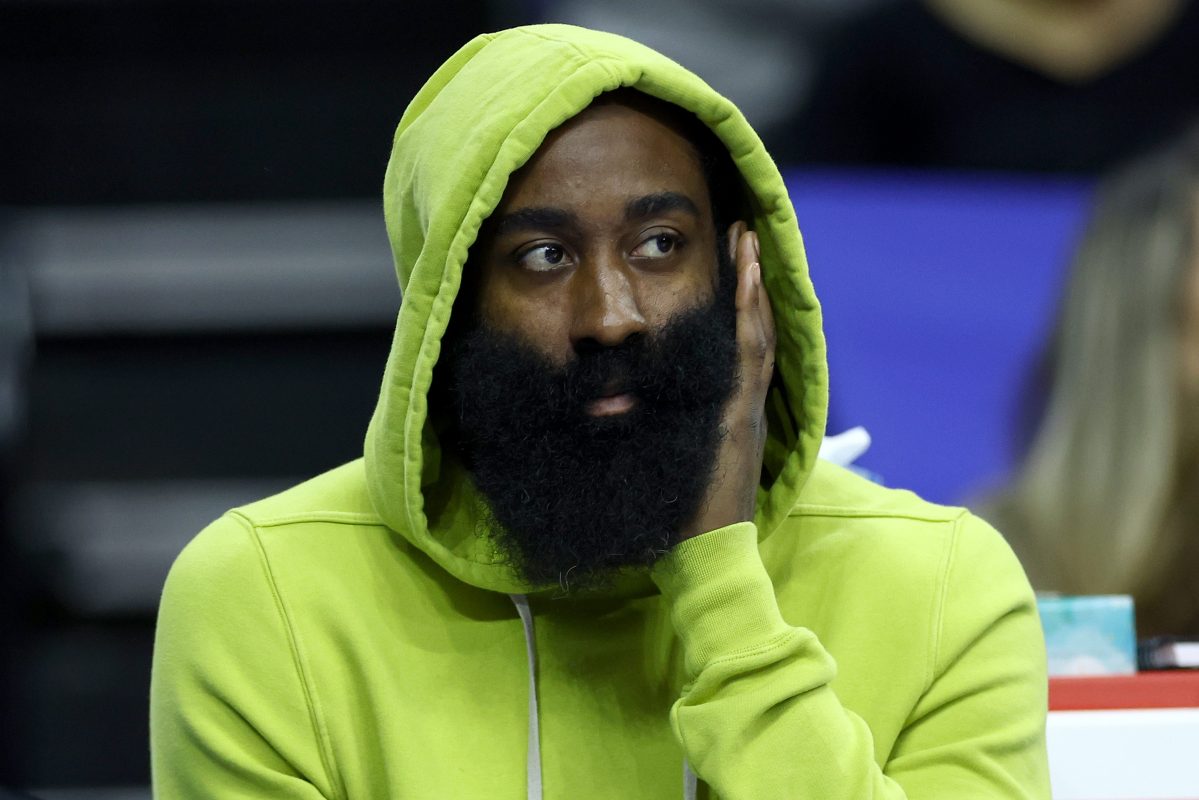 James Harden looks on during a game in Philadelphia.