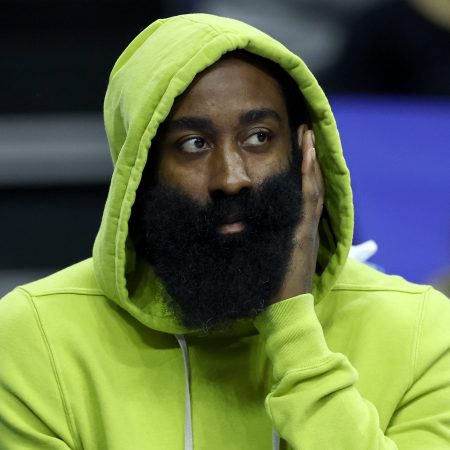 James Harden looks on during a game in Philadelphia.