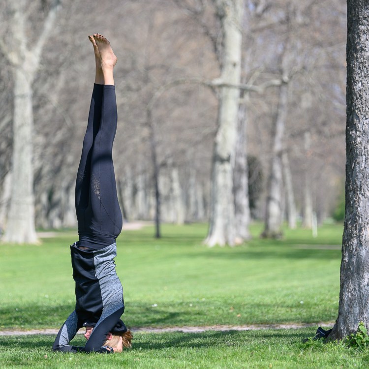 A woman doing a headstand in a park.