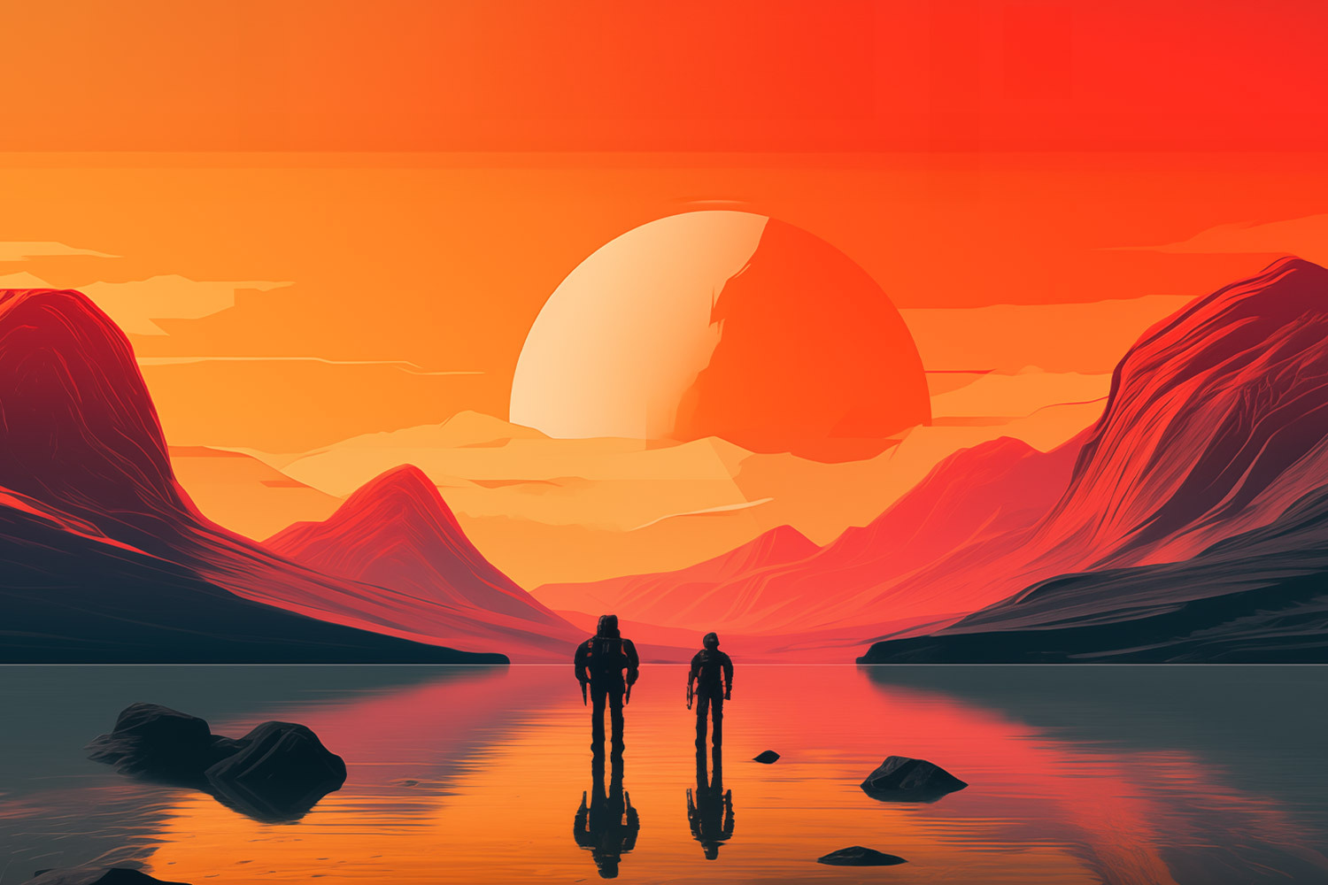 An illustration of astronauts on a new planet. Will human astronauts continue to explore space as robots get more sophisticated?