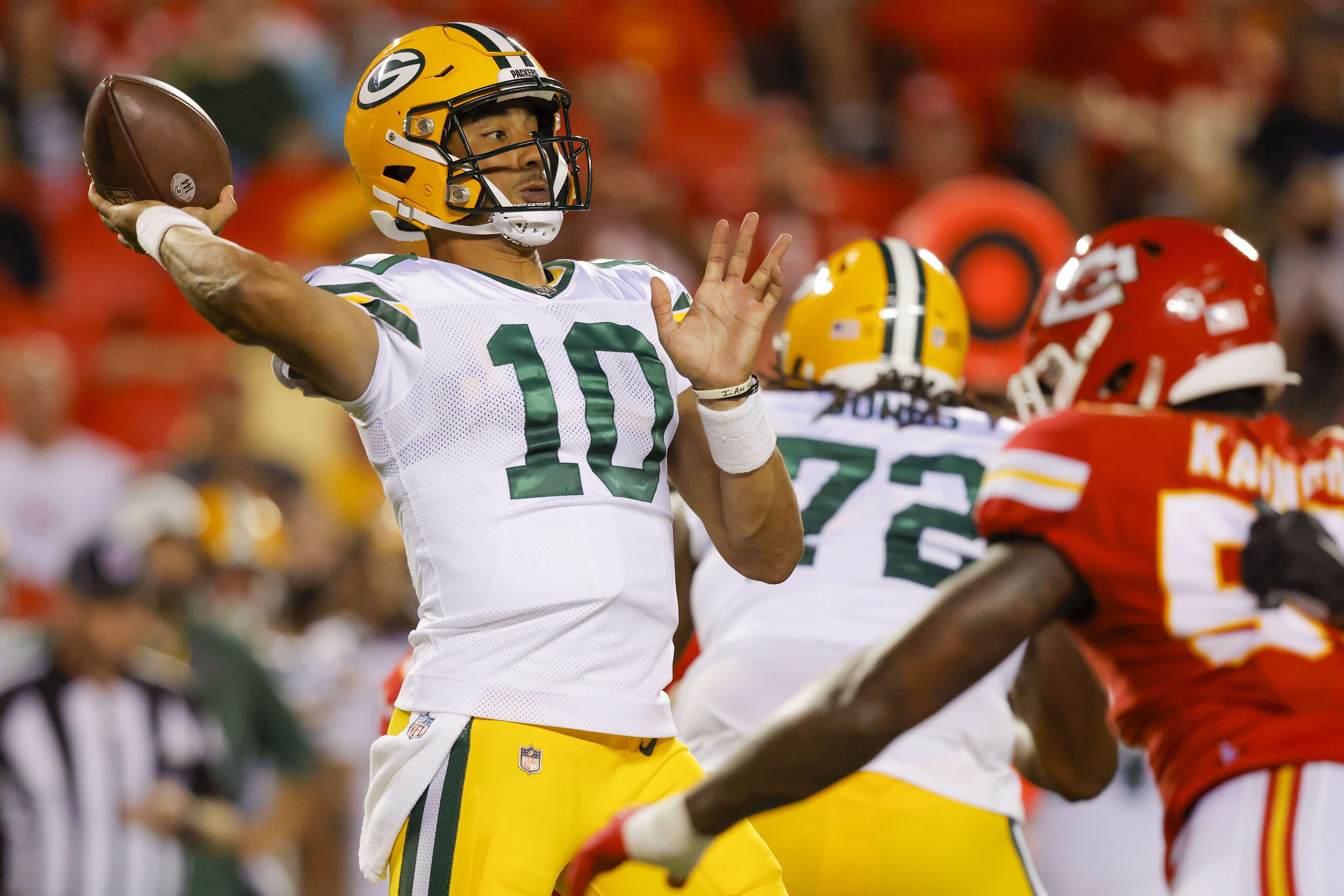 Jordan Love passes against the Kansas City Chiefs.