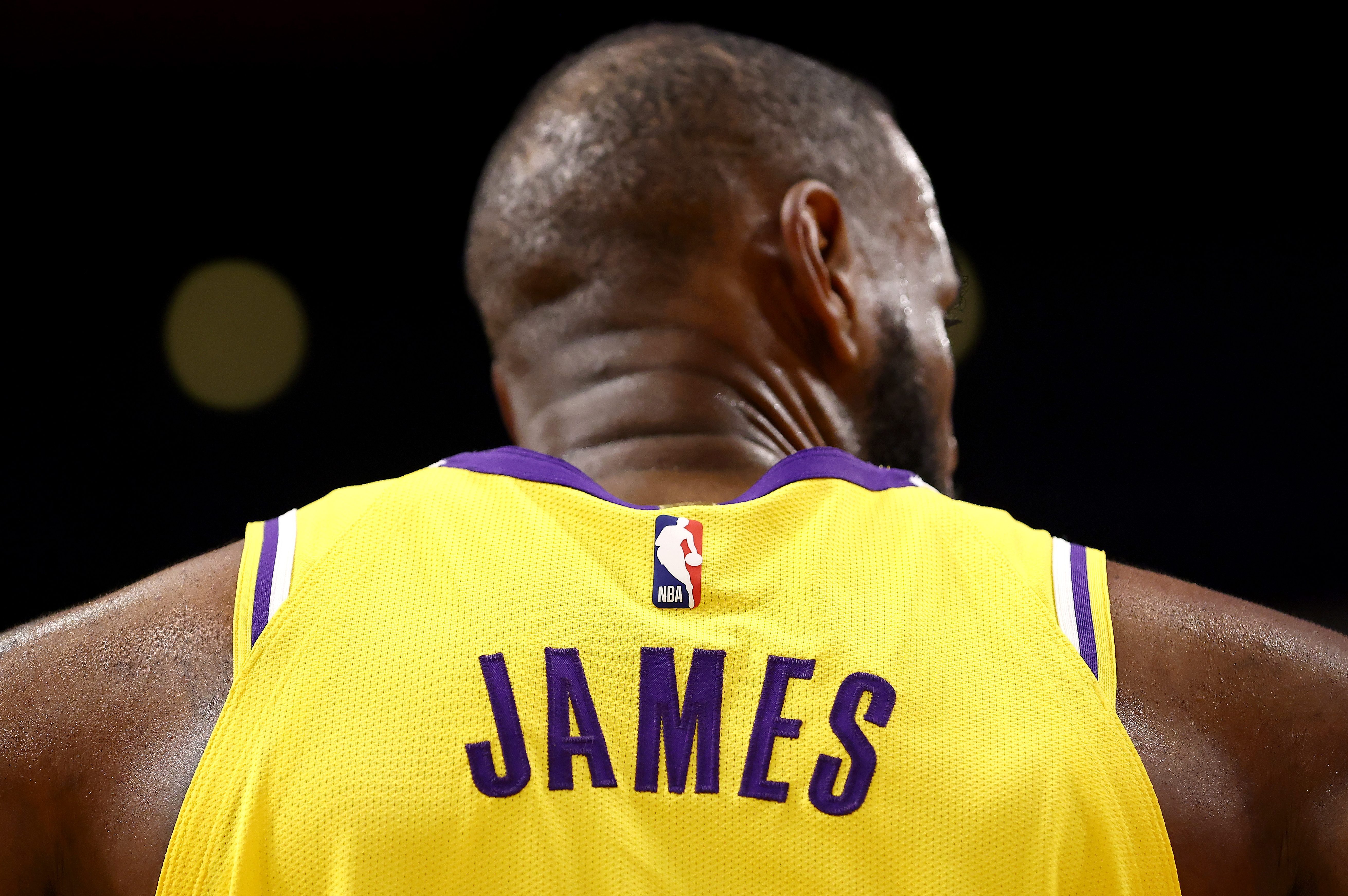 LeBron James wearing a Lakers jersey in a game.