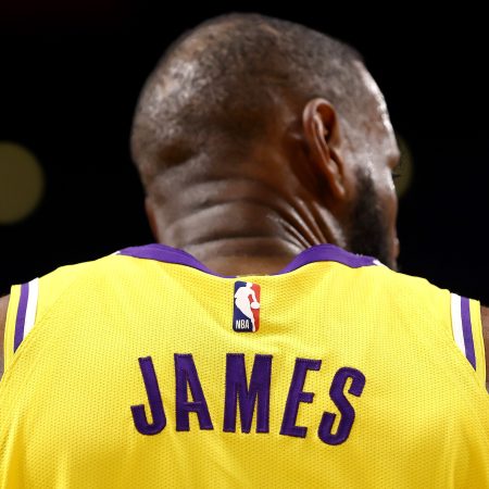 LeBron James wearing a Lakers jersey in a game.