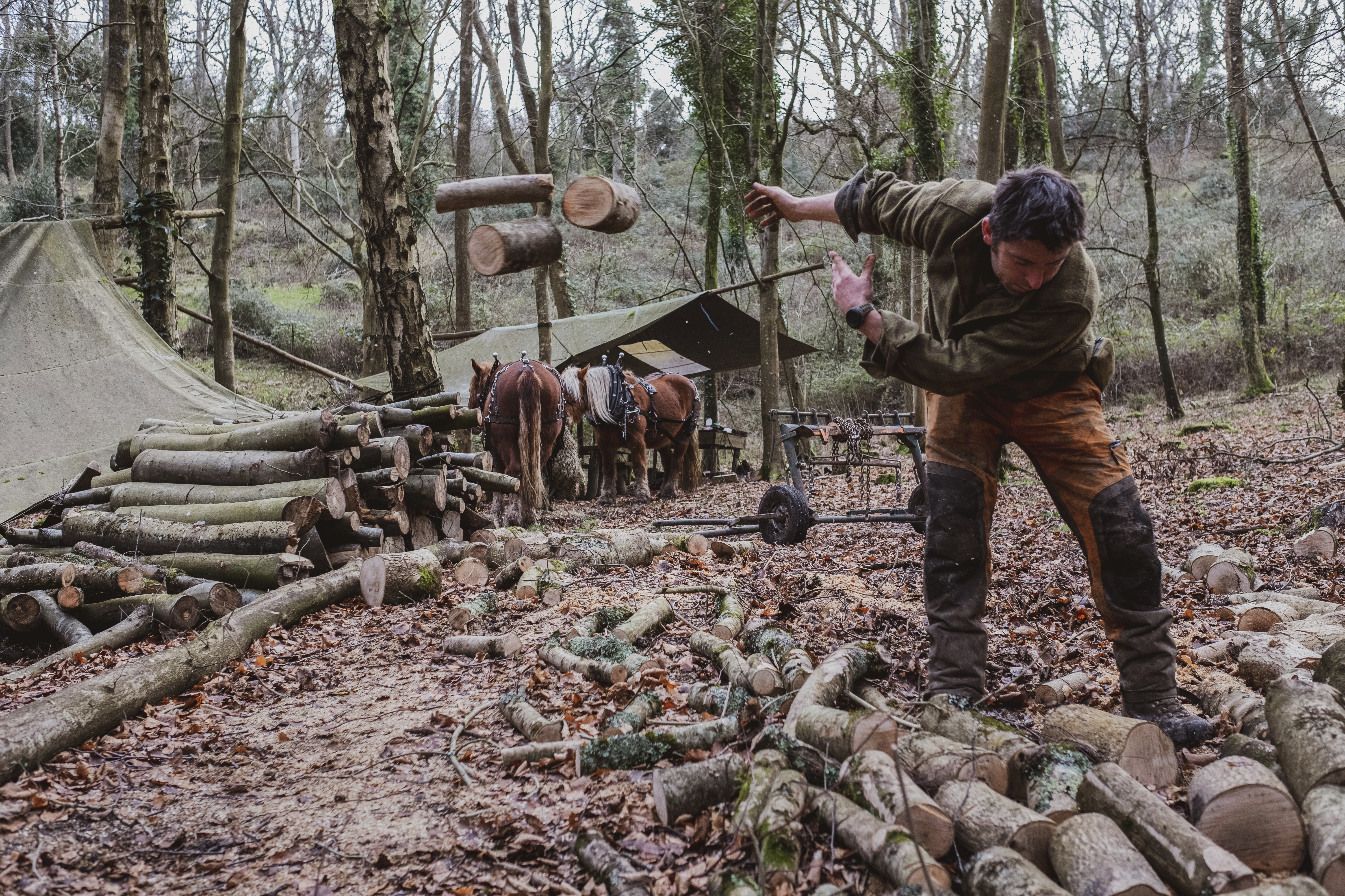 A man tossing wood to the side at a campground.