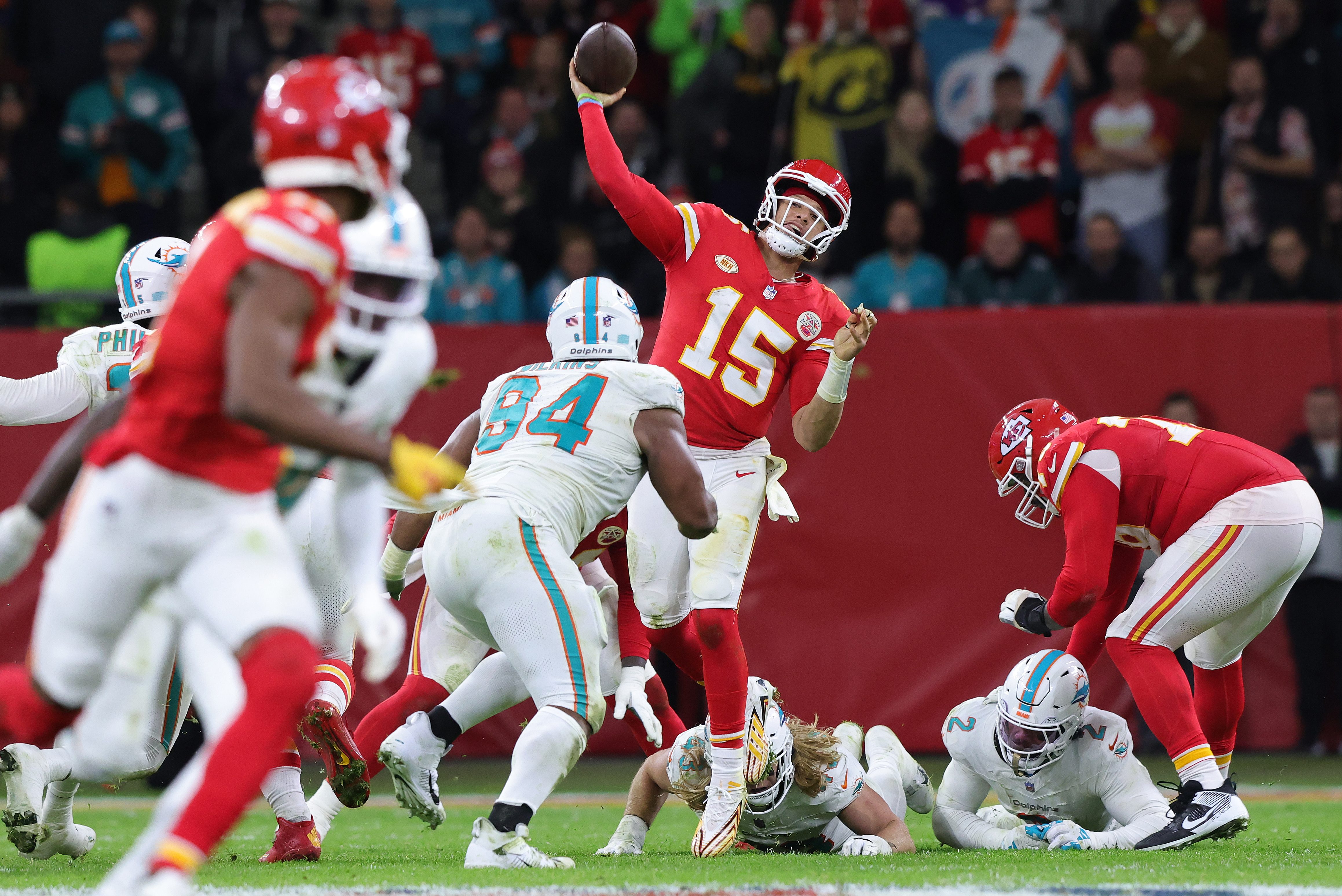 Patrick Mahomes throws the ball at Deutsche Bank Park in Frankfurt.