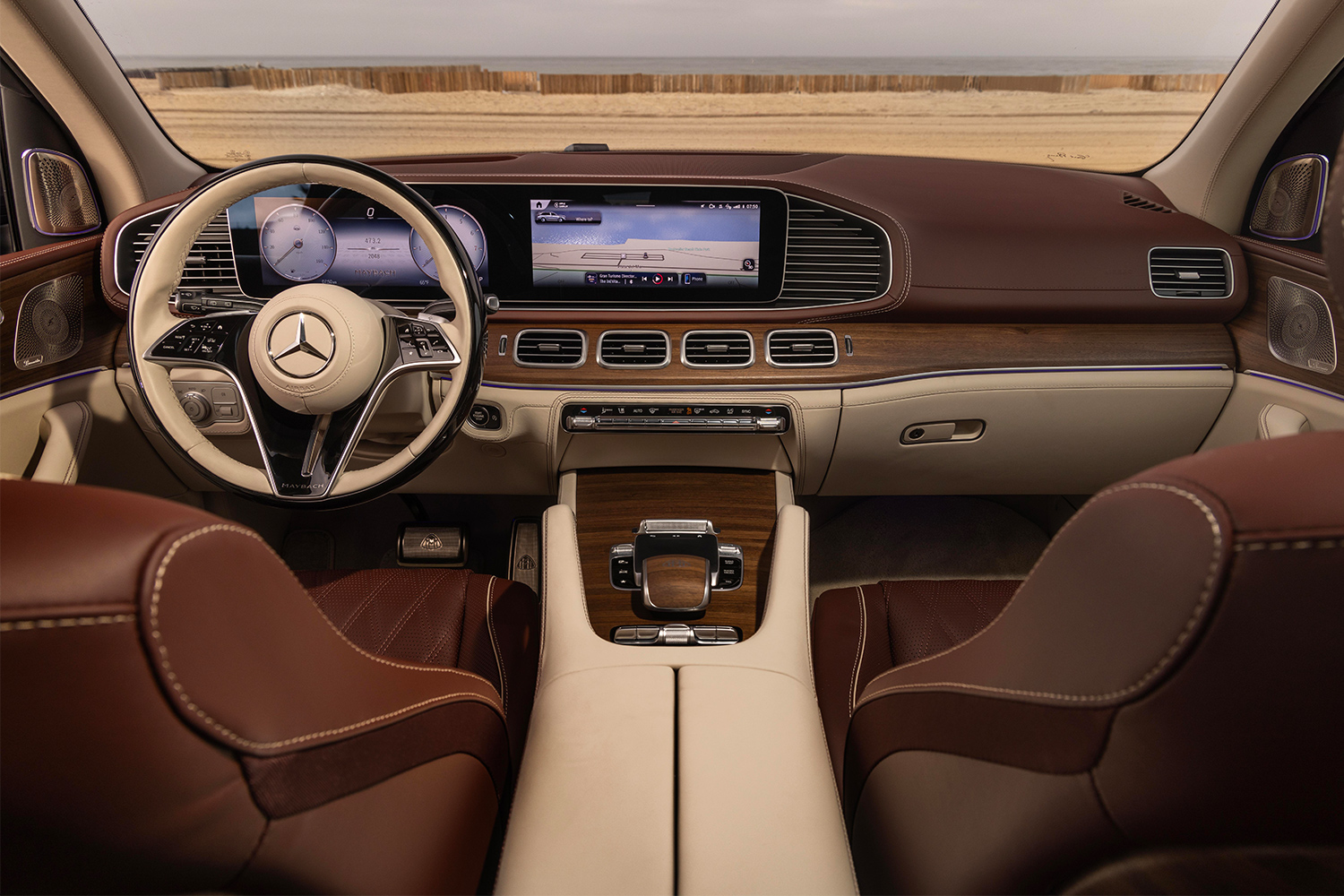 The dashboard and front seats in the 2024 Maybach GLS SUV