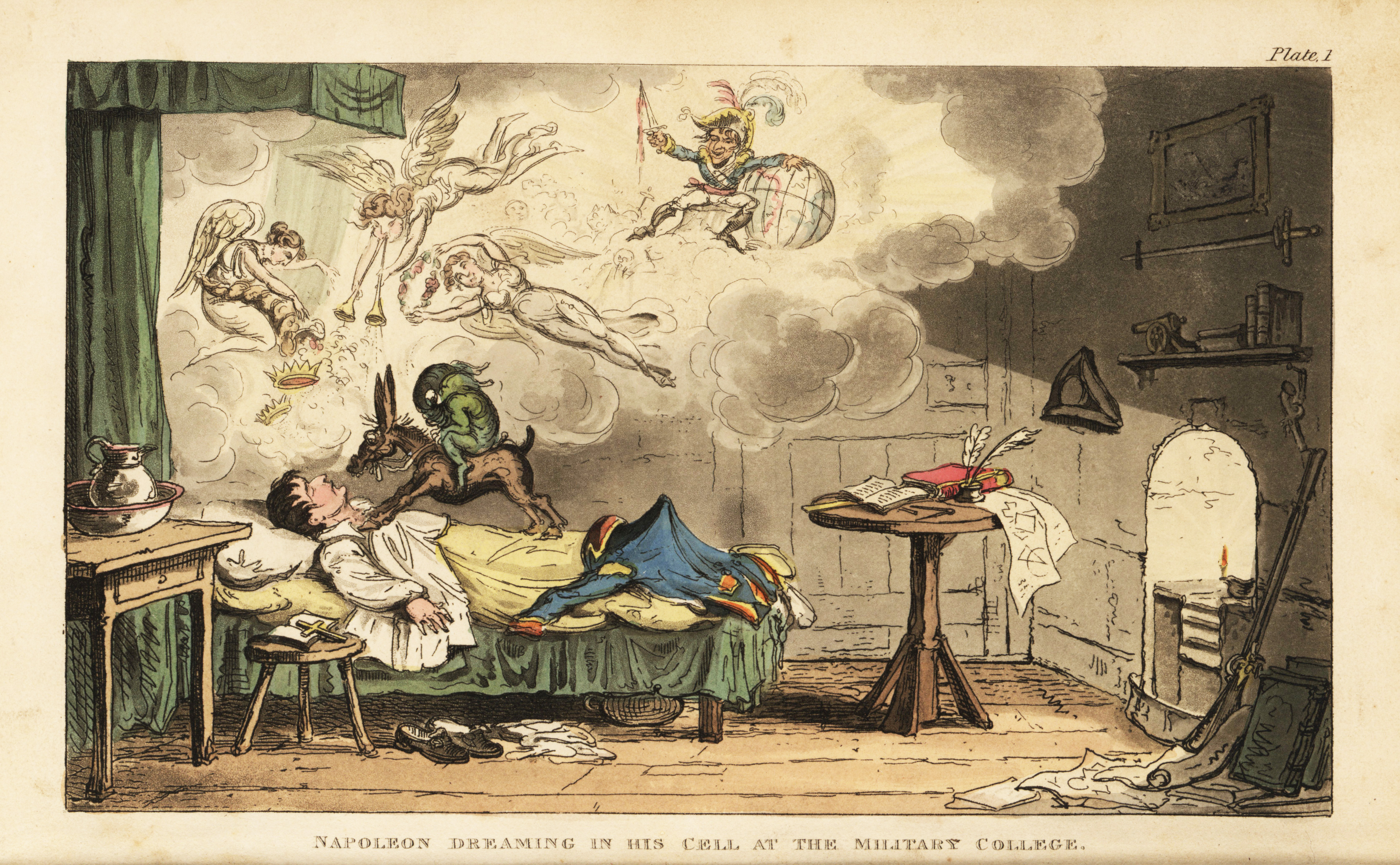 An old cartoon of Napoleon sleeping at his military college.