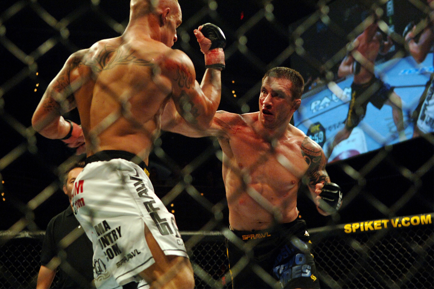 Nathan Quarry [right] throws a right hand against Pete Sell at UFC Fight Night 11 on September 19, 2007. Quarry is a named plaintiff in a class-action antitrust lawsuit against the UFC.