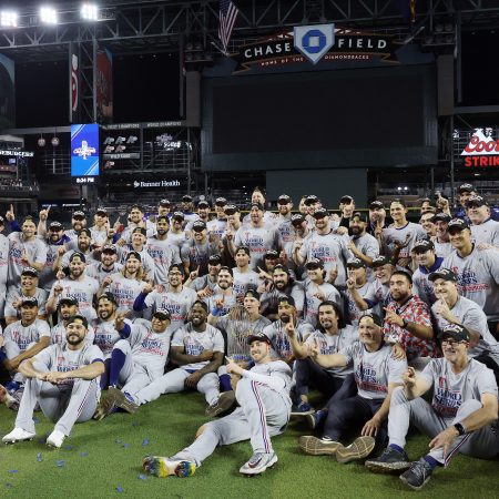 The Texas Rangers pose after beating the Arizona Diamondbacks in the 2023 World Series, which may end up being the least-watched World Series of all time