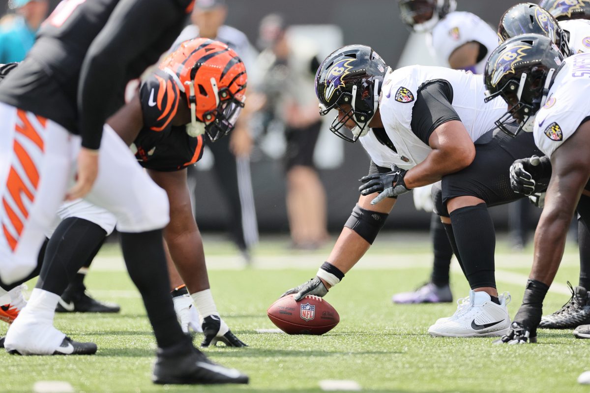 The line of scrimmage in a Baltimore Ravens-Cincinnati Bengals game. They face each other again in Thursday Night Football on November 16.