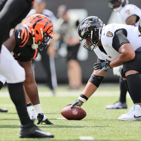 The line of scrimmage in a Baltimore Ravens-Cincinnati Bengals game. They face each other again in Thursday Night Football on November 16.