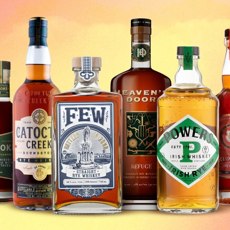 a collection of rye whiskey bottles that we liked that are under $100