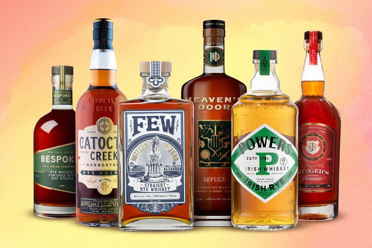a collection of rye whiskey bottles that we liked that are under $100