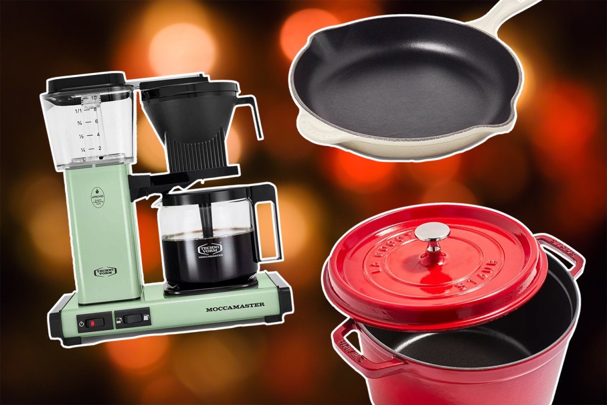 A Moccamaster coffee maker, Staub Dutch oven and Le Creuset enamel skillet, all of which are on sale during the Sur La Table Black Friday and Cyber Monday sale