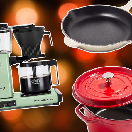 A Moccamaster coffee maker, Staub Dutch oven and Le Creuset enamel skillet, all of which are on sale during the Sur La Table Black Friday and Cyber Monday sale