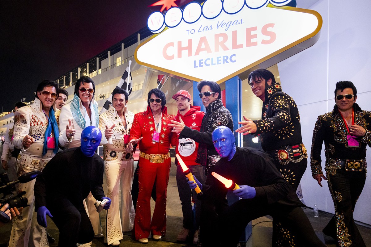Ferrari F1 driver Charles Leclerc is welcomed at the Las Vegas Grand Prix by Elvis impersonators and the Blue Man Group