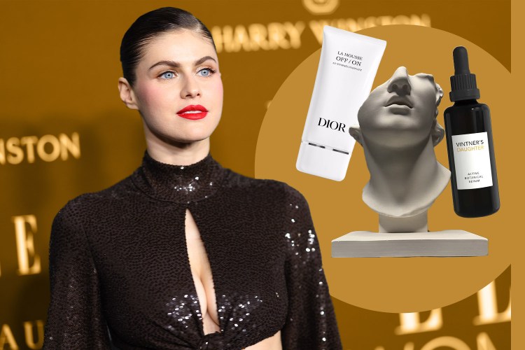 Actress Alexandra Daddario with her favorite skincare and a Roman bust.