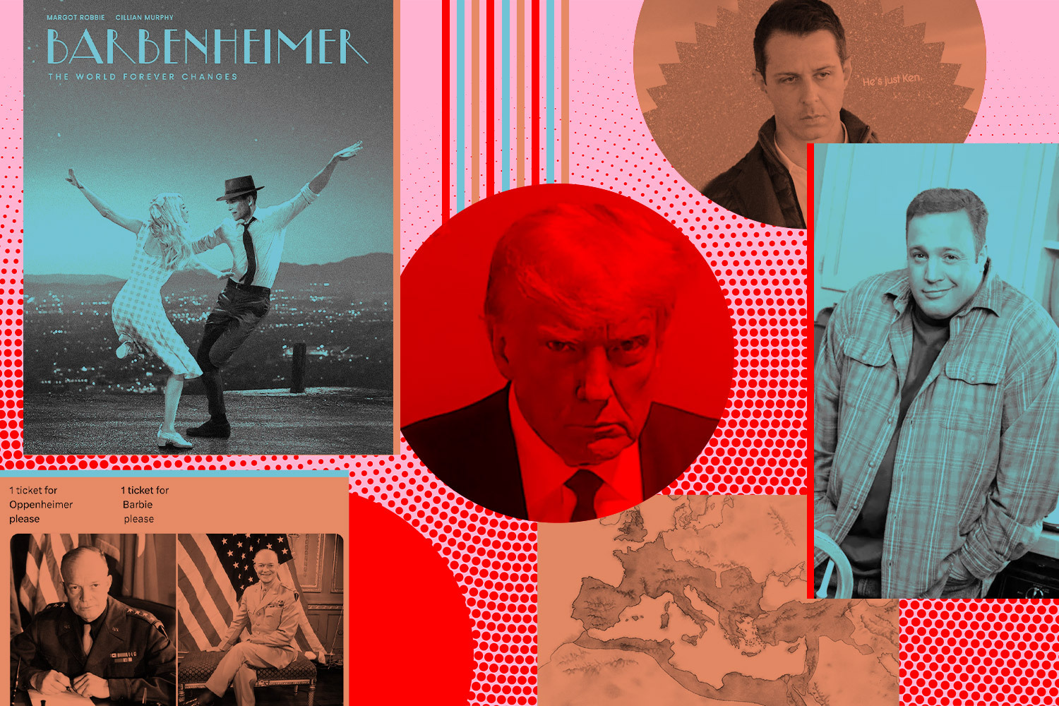 A collage of the best memes of 2023, including Barbenheimer, Donald Trump's mugshot, Kevin James shrugging and Kendall Roy as Ken