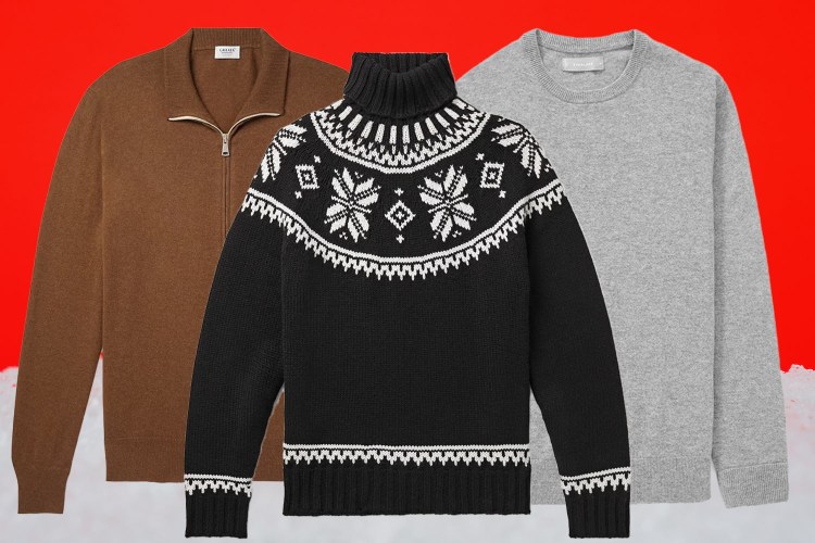 a trio of cashmere sweaters on a red and white background