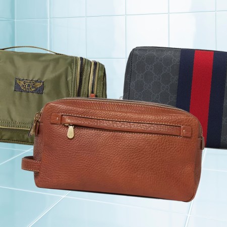 a collage of dopp kits on a tile background