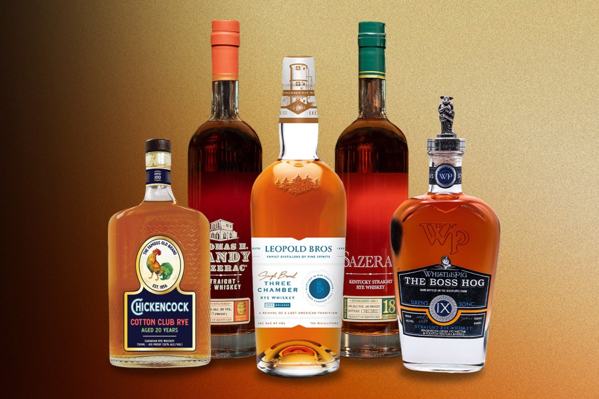 A collection of five rare, expensive rye whiskeys