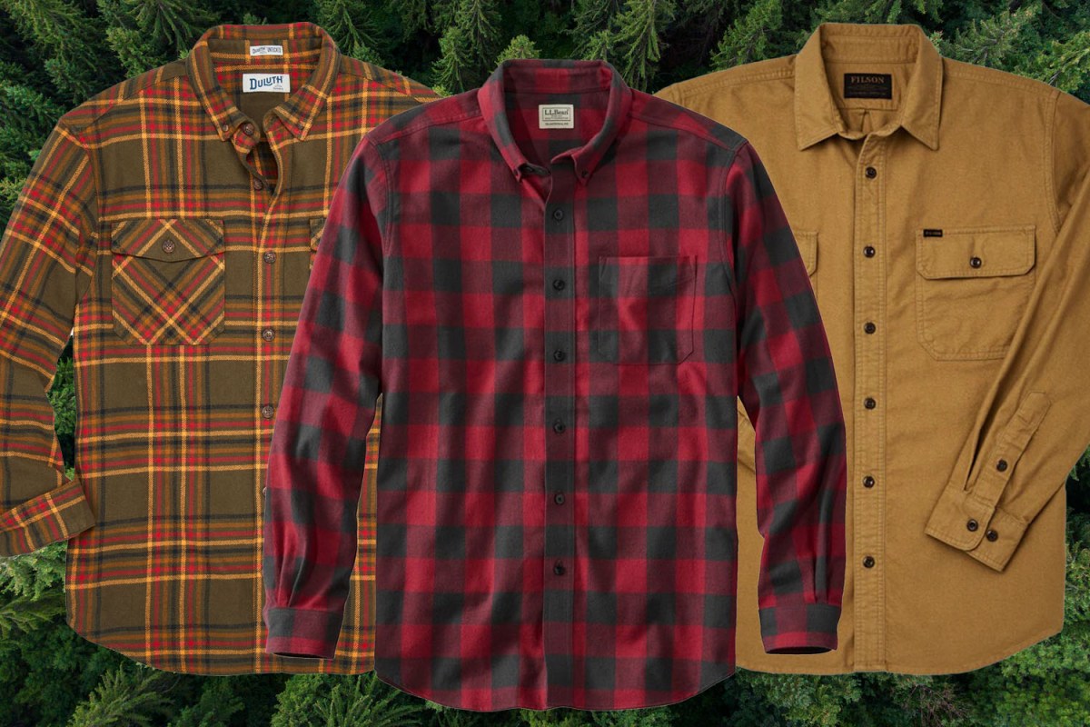 a collage of flannel shirts on a tree background