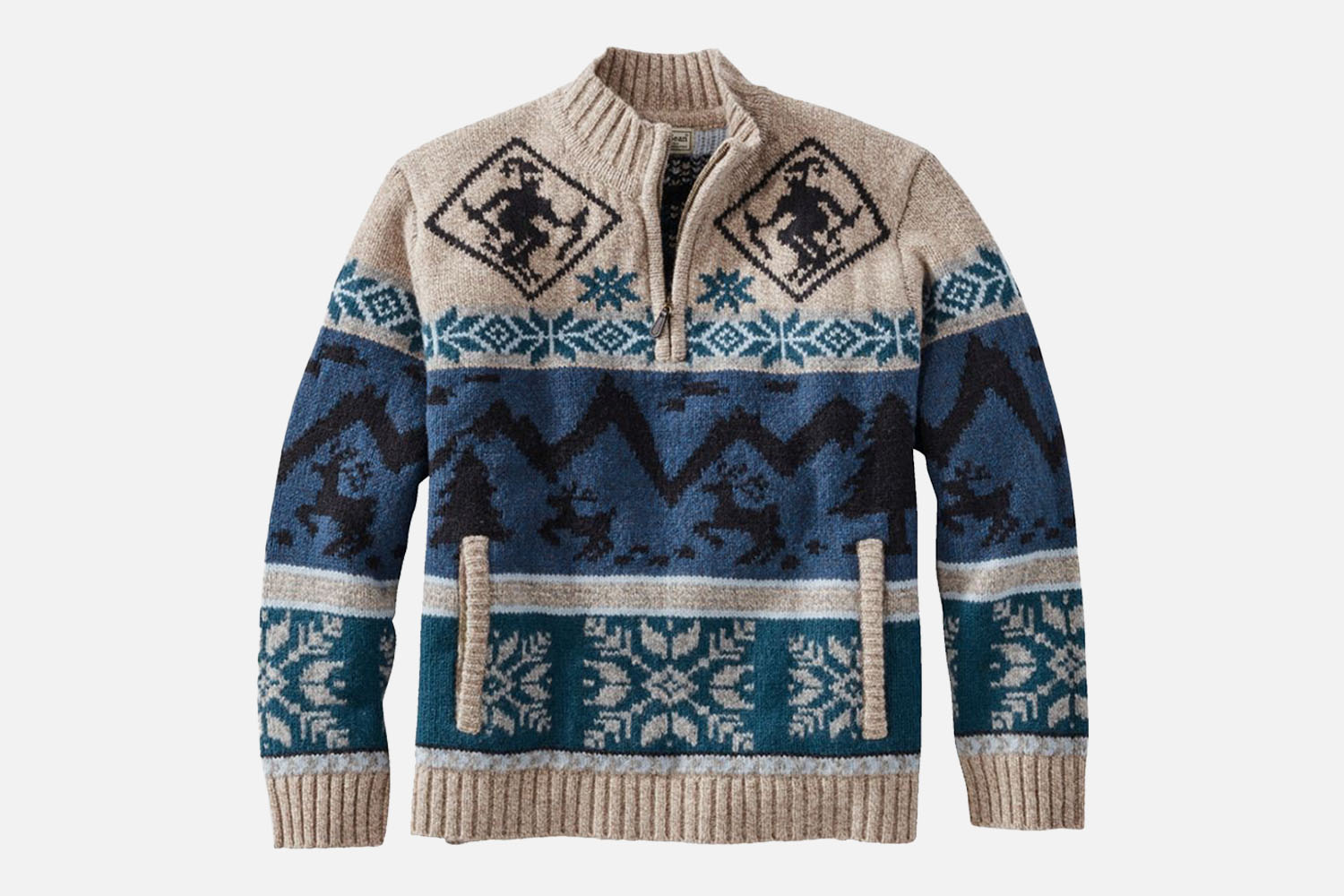 L.L. Bean Half Zip Fair Isle Classic Ragg Wool Sweater