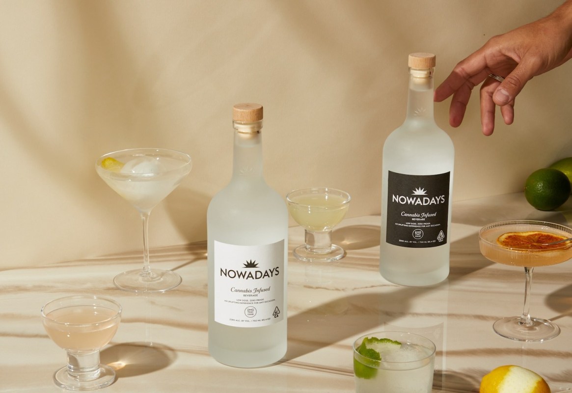 Bottles of Nowadays spirits with cocktails