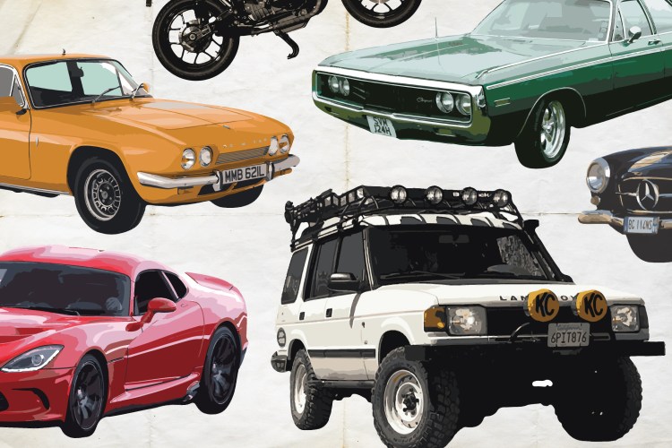 A collage of old cars that people regret selling, including a Land Rover Discovery, Dodge Viper and Reliant Scimitar