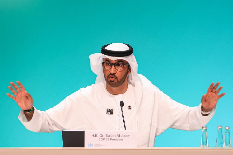 Sultan Ahmed al-Jaber, president of COP28 and CEO of Adnoc, speaking at the climate summit in 2023