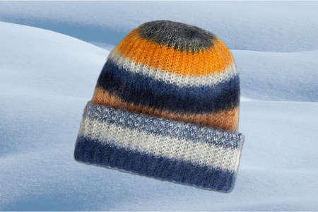 a Missoni beanie on a snowy background