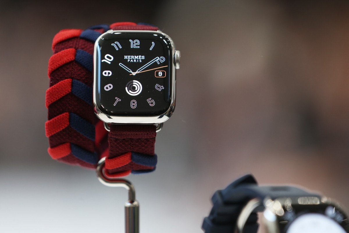 Brand new Apple Watch Series 9 watches are displayed during an Apple event on September 12, 2023 in Cupertino, California.