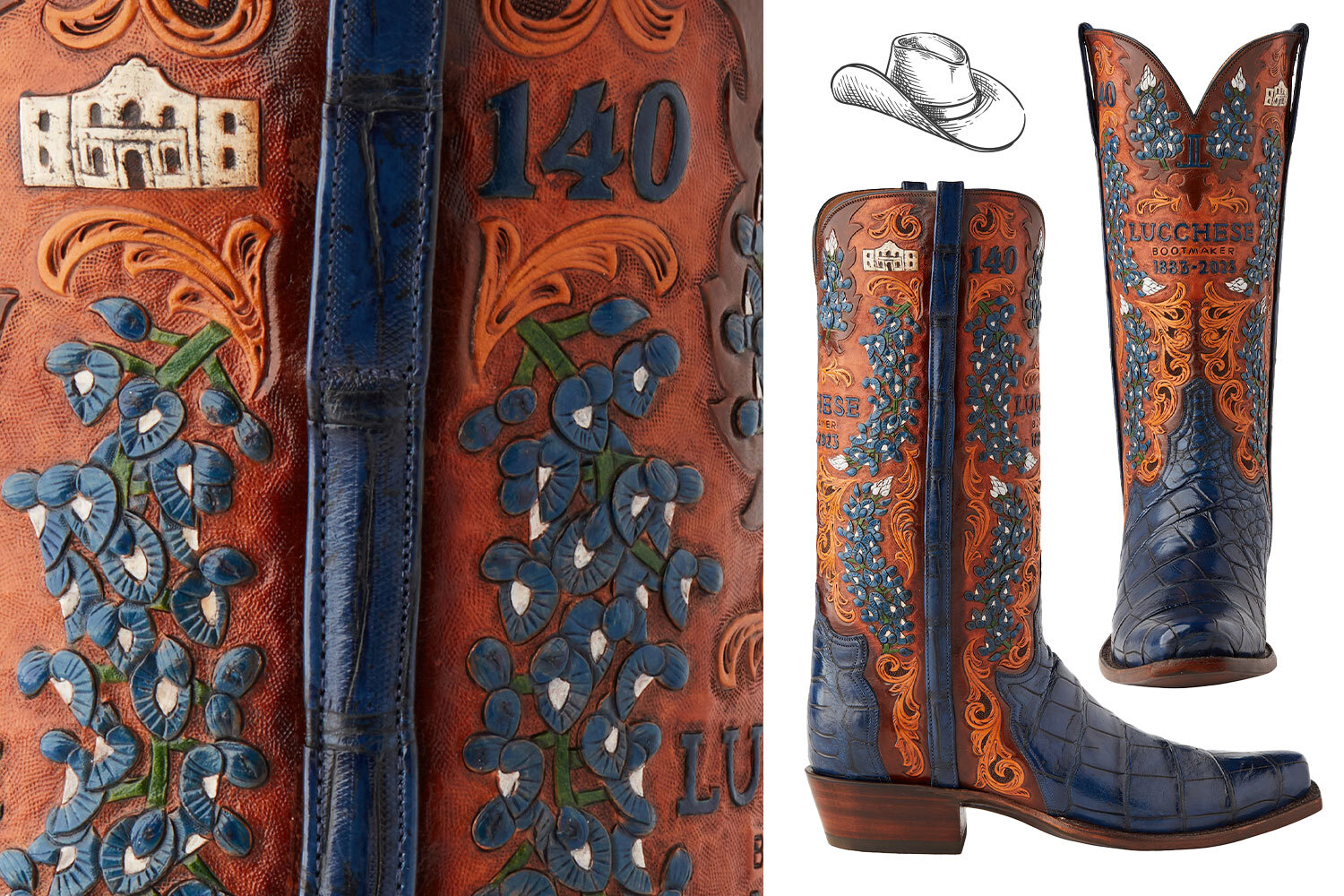 Lucchese's 140th anniversary boot are hand-tooled with bluebonnets, the Texas state flower