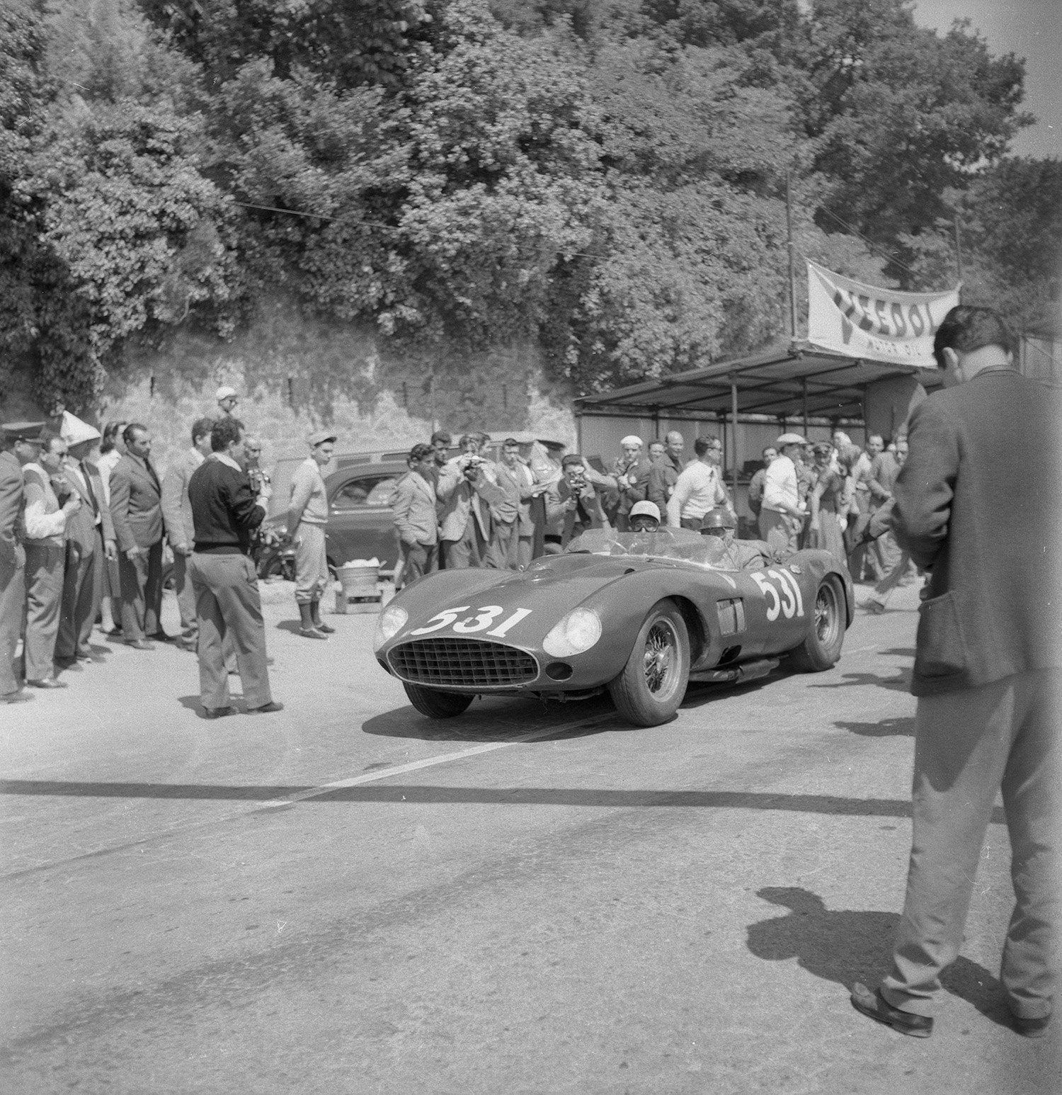 Spanish racing driver and sportsman Marquis Alfonso De Portago and co-driver Eddy Nelson during the Mille Miglia on May 12, 1957.
