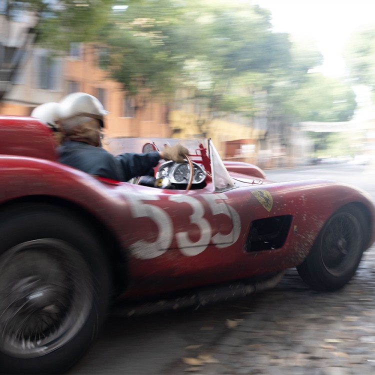 A Ferrari race car driving in the Michael Mann movie "Ferrari." We spoke with stunt coordinator Robert Nagle about the Enzo Ferrari biopic.
